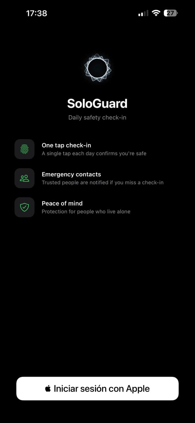 SoloGuard - Daily safety check-in. One tap, emergency contacts, peace of mind. Sign in with Apple.